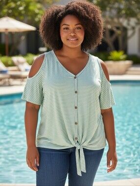 e.Luna Cold Shoulde Tie Hem Green and White Strip Top Size 3X NWOT